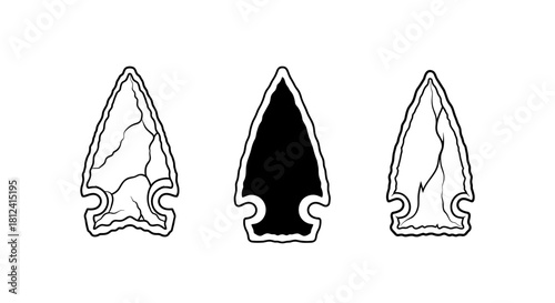 Three distinct arrowhead illustrations, one solid black and two with detailed line art representing textures.
