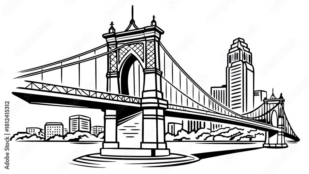 Obraz premium Cincinnati Roebling Bridge Skyline – Minimal Line Art Cityscape with Modern Ohio Riverfront and Clean Urban Outline