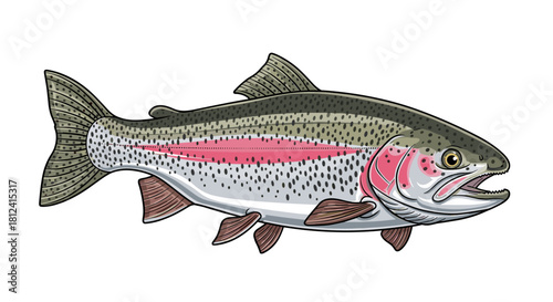 Illustration of a rainbow trout fish swimming with its mouth open.