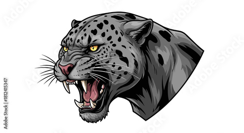 Fierce black jaguar head roaring with sharp teeth bared on a white background.