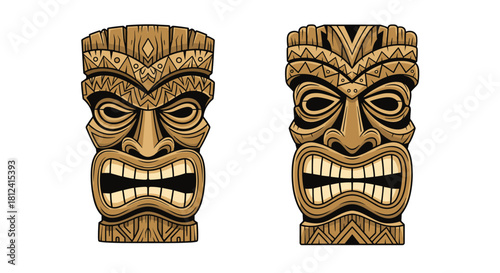 Two stylized tiki masks with a distressed wood texture, featuring fierce expressions.