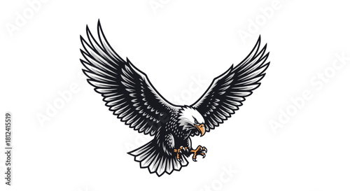 A stylized illustration of a bald eagle in flight with its wings spread wide.