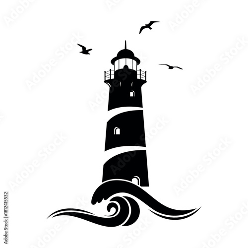 Lighthouse with  sea waves. Black silhouette of lighthouse tower with flying seagulls on white background.