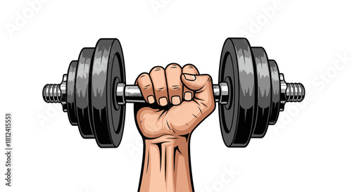 Close up of a hand holding a dumbbell with stacked weight plates on a white background.