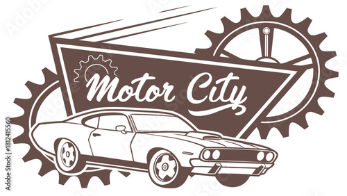 Detroit Motor City Industrial Badge – Retro Automotive Design with Vintage Factory Style and Classic Detroit Heritage Aesthetic