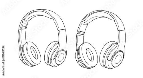 Outline drawing of a pair of over-ear headphones on a white background.