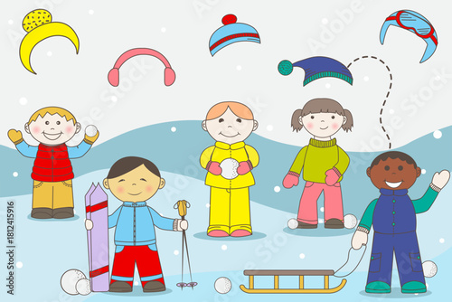 Riddle, task for children, puzzle, brain teaser, whose hat, attention, development, preschoolers, lazy game, Children playing with snowballs