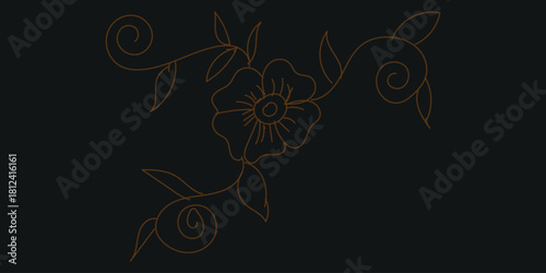 Elegant golden outline floral design with swirling leaves and a central flower on a dark background, perfect for decorative accents and borders