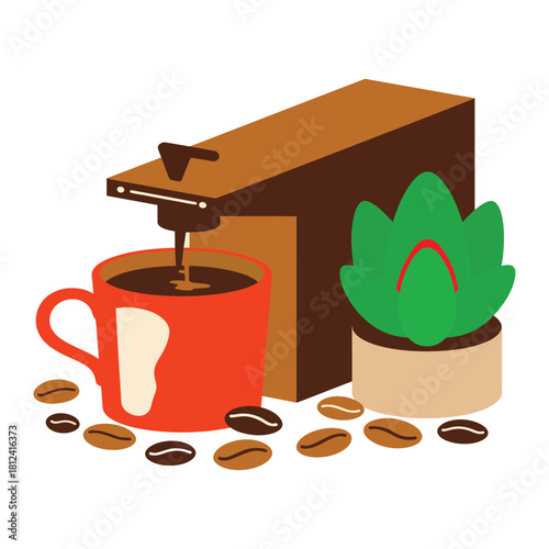 Illustration of a coffee machine brewing dark espresso into a bright red mug, surrounded by scattered coffee beans and a small potted succulent plant