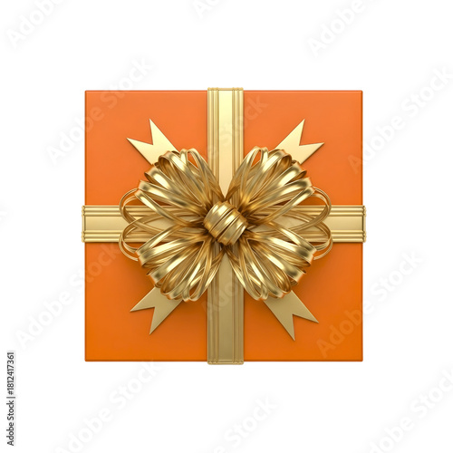 Luxury Orange Square Gift Box with Shiny Gold Ribbon and Bow Isolated on Transparent Background