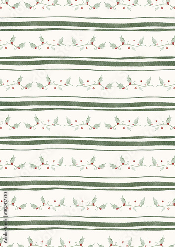 Watercolor striped background with holly. Cozy winter design. Hand painted element for invitation, social media and posters.
