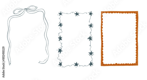 Watercolor Illustration of a whimsical doodle frames with a bow and stars. Cozy winter design. Hand painted element for invitation, social media and posters.