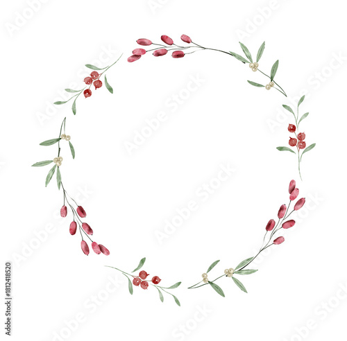 Watercolor Illustration of a wreath made of Christmas plants. Cozy winter design. Hand painted element for invitation, social media and posters.