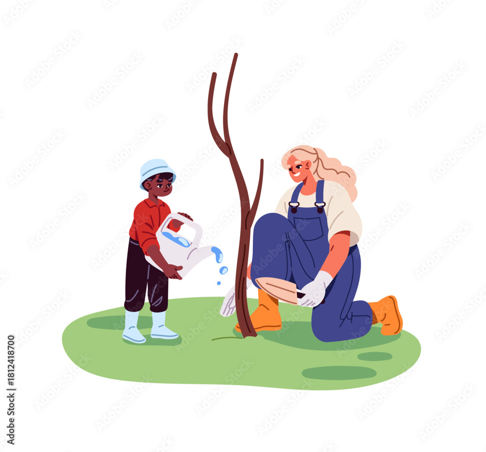Fototapeta premium Family takes care of plants in garden, park together. Happy mother and kid are watering tree sapling. Cute black child helps his mom farming, landscaping. Flat isolated vector illustration on white