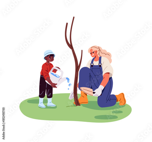 Family takes care of plants in garden, park together. Happy mother and kid are watering tree sapling. Cute black child helps his mom farming, landscaping. Flat isolated vector illustration on white