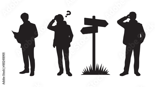 Silhouette of confused man reading a map standing at a crossroads with directional signs vector illustration for decision making and uncertainty concepts