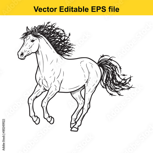 Detailed black and white vector illustration of a majestic horse running with a flowing mane and tail, isolated on