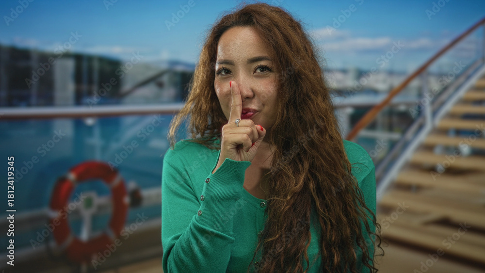 Fototapeta premium Woman wearing green sweater with finger to lips for silence on cruise ship deck, long curly hair, life ring and wooden stairs visible; playful secrecy.