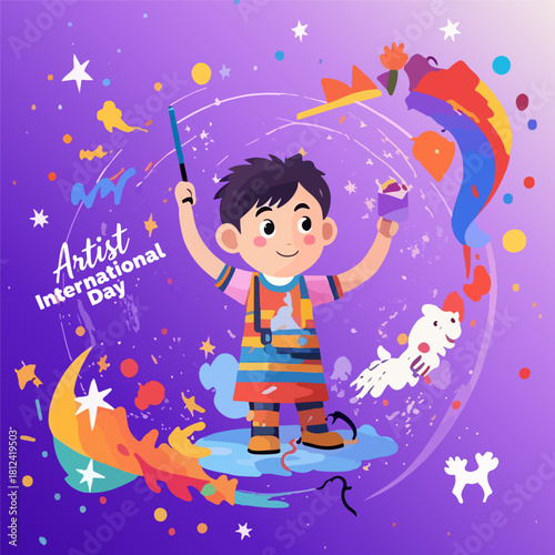 Artist International Day paint boy, vector art illustration.