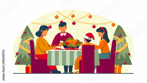 Family celebrating christmas with a festive dinner and decorated christmas trees around them