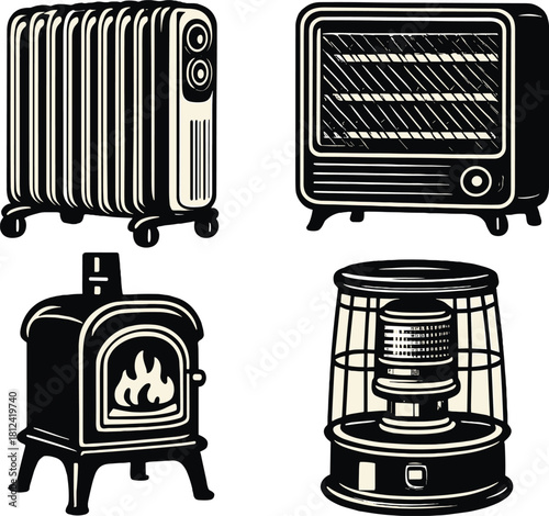 Vintage Heater and Stove Icon Set