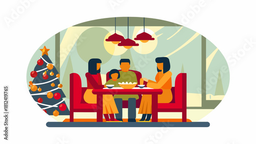 Family is gathered around the table for a christmas dinner with a decorated christmas tree nearby