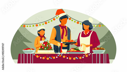 Family preparing christmas dinner with santa hat and festive decorations on the table at home