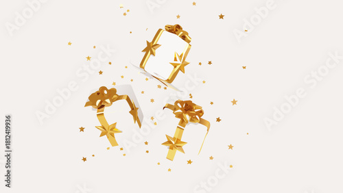 Three white gift boxes with golden ribbons and stars on a white background scattered around