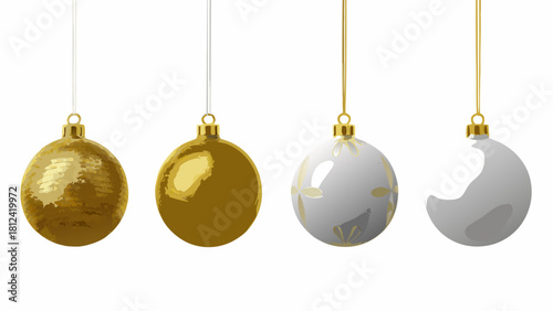 Four christmas ornaments hanging with gold and white colors on a white background scene view
