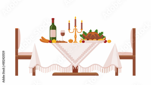 Festive thanksgiving dinner table setting with turkey wine and candle centerpiece displayed nicely
