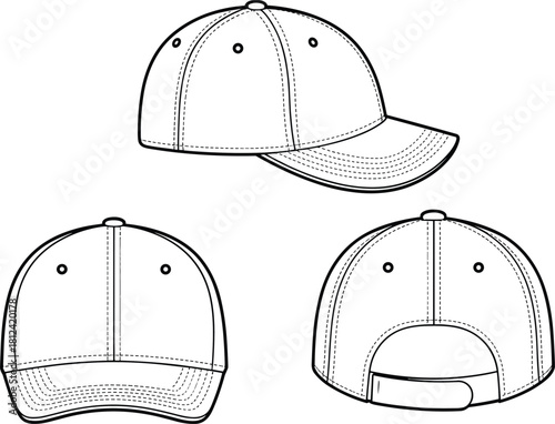 Technical cad drawing flat vector illustration of baseball cap front, side and back views showing stitching details, panel structure, and adjustable strap