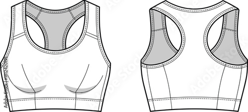 Sports bra CAD template, front and back technical fashion sketch, flat vector garment illustration for activewear design, detailed apparel mockup drawing