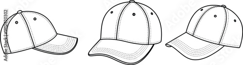 Baseball cap technical sketch showing multiple angled views with detailed stitching lines, minimalist outline style, ideal for apparel design cad drawing flat vector illustration