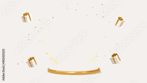 Golden podium with falling confetti and floating gift boxes on a white background celebration scene