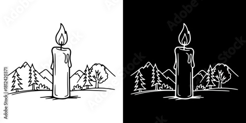 Candle illustration in forest setting with mountains and trees, isolated vector image, two versions on transparent and black backgrounds, pencil drawing, chalk drawing
  