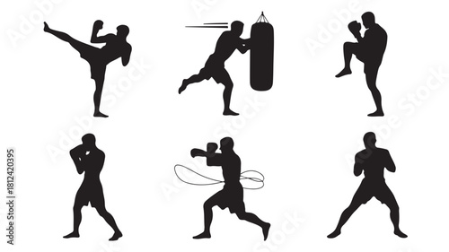 Set of martial arts silhouettes including boxing and kickboxing poses vector illustration isolated on white background