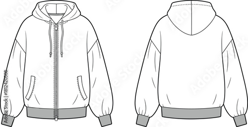Oversized zip hoodie technical fashion flat, front and back garment template with pockets and rib cuffs, casual jacket outline, cad drawing flat vector illustration