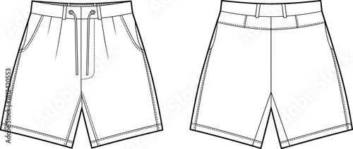 Classic shorts CAD drawing flat vector illustration showcasing front and back technical fashion design details, garment construction, stitching, and style lines