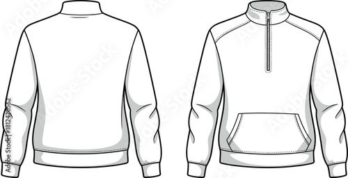Half zip pullover sweatshirt technical fashion template with front and back view, clean minimalist style, detailed seams, cad drawing flat vector illustration
