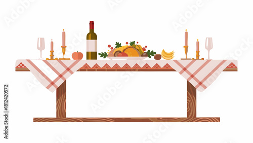 A thanksgiving feast displayed on a table with wine, candles, and various fruits and dishes