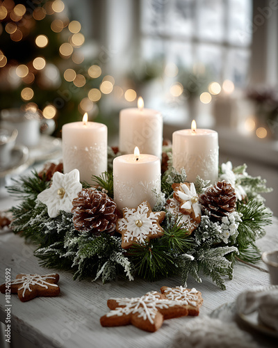 Elegant White Christmas Advent Wreath with Gingerbread Cookies & Frosted Pine – Nordic Holiday Magic