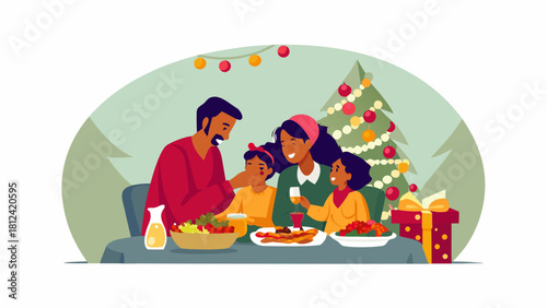A family celebrating christmas with a decorated tree and presents while sitting at the table eating