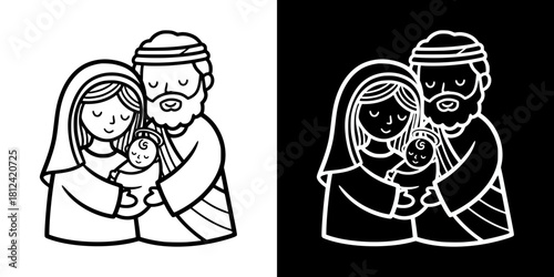 Holy Family embracing together in line art illustration, isolated vector image, two versions on transparent and black backgrounds, pencil drawing, chalk drawing
  