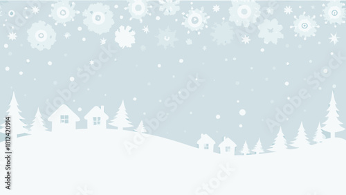 Winter landscape with snowflakes falling over houses and trees in a snowy scene design element