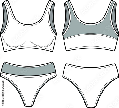 Women’s bikini set front and back technical sketch, swimwear fashion template, lingerie outline, garment design mockup, cad drawing flat vector illustration