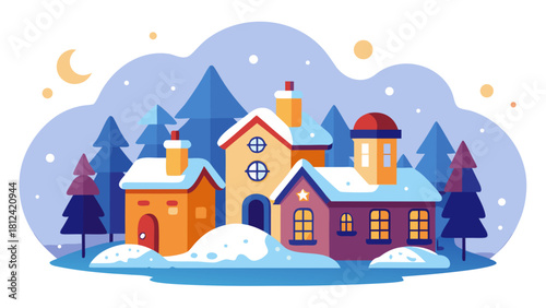Illustration of a winter village scene with snow covered houses and trees under a crescent moon and stars