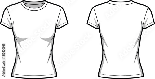 Women’s fitted T-shirt template, front and back views, clean apparel mockup design, CAD drawing flat vector illustration for fashion designers