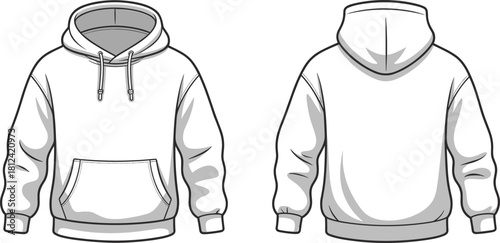 Hoodie front and back CAD drawing, flat vector fashion sketch showing sweatshirt design with hood, drawstrings, pocket, cuffs and technical details