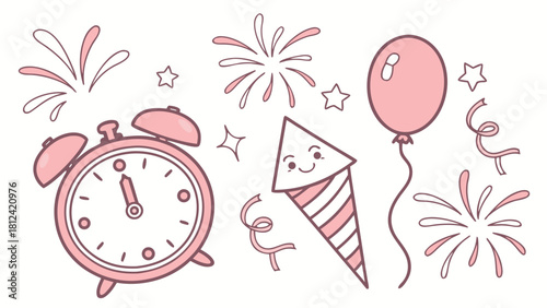Illustration of an alarm clock, balloon, party popper, fireworks and stars for a celebration