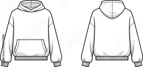 Hoodie front and back template, clean sweatshirt mockup design for fashion, detailed apparel outline, CAD drawing flat vector illustration for designers